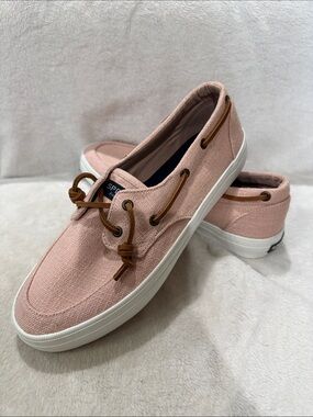 Sperry Canvas Boat Shoes in Blush Pink with Brown Laces
